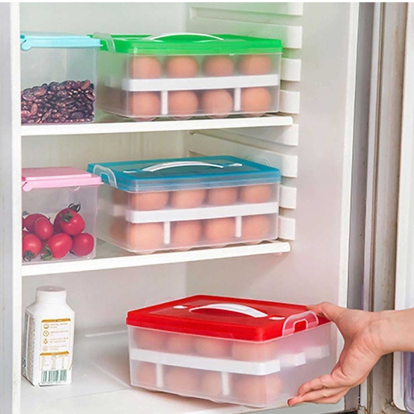 2 Layer 32 Grid Egg Tray With Lid Egg Carrier Holder For Refrigerator Camping Food Storage Container With Handle (1 Pc )