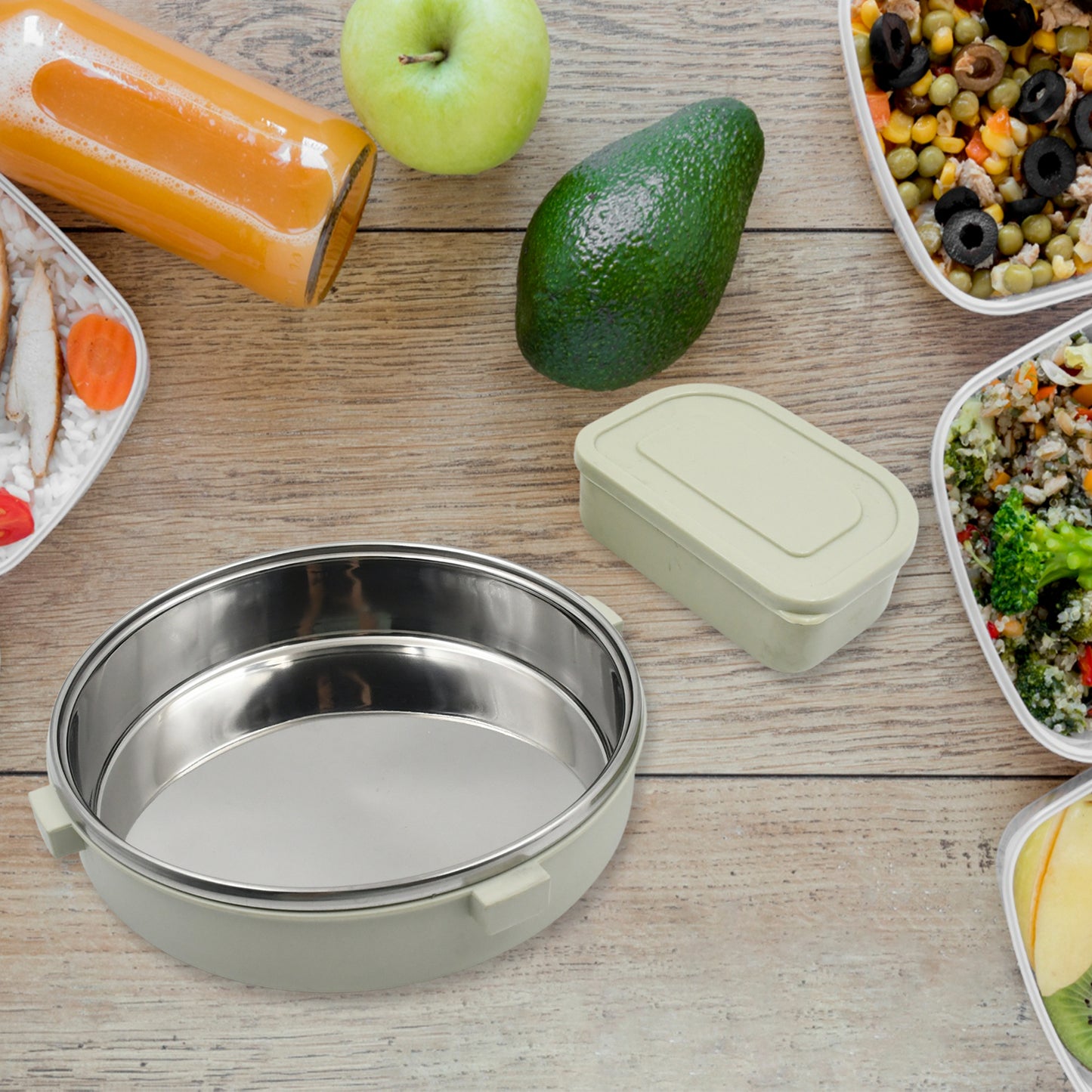 5584 Miracle Stainless Steel Round Lunch Box With Small Plastic Box Insert Leak Proof Lunch Box With Transparent Lid Lunch Box For Kids Adults For School Office (450 Ml + 250 Ml Approx)