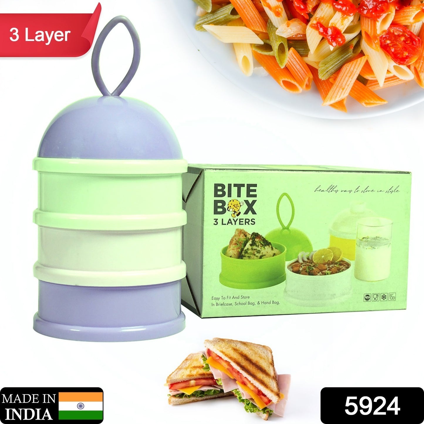 5924a 3 Layer Lunch Box Unique Design Bite Lunch Box With Liquid Food Container Lunch Box (Green)