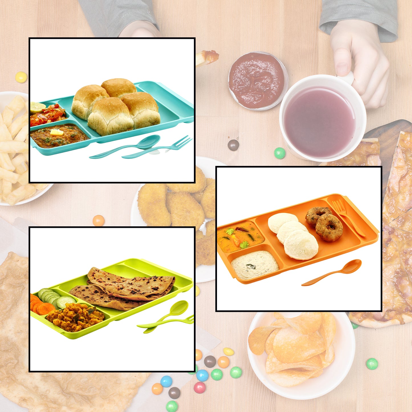 Four compartment Dish With Spoon And Fork(1 Dish Set With 1spoon And 1fork) Dinner Plate Plastic Compartment Plate Pav Bhaji Plate 4-compartments Divided Plastic Food Plate.