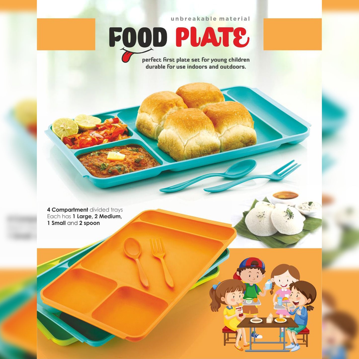 Four compartment Dish With Spoon And Fork(1 Dish Set With 1spoon And 1fork) Dinner Plate Plastic Compartment Plate Pav Bhaji Plate 4-compartments Divided Plastic Food Plate.