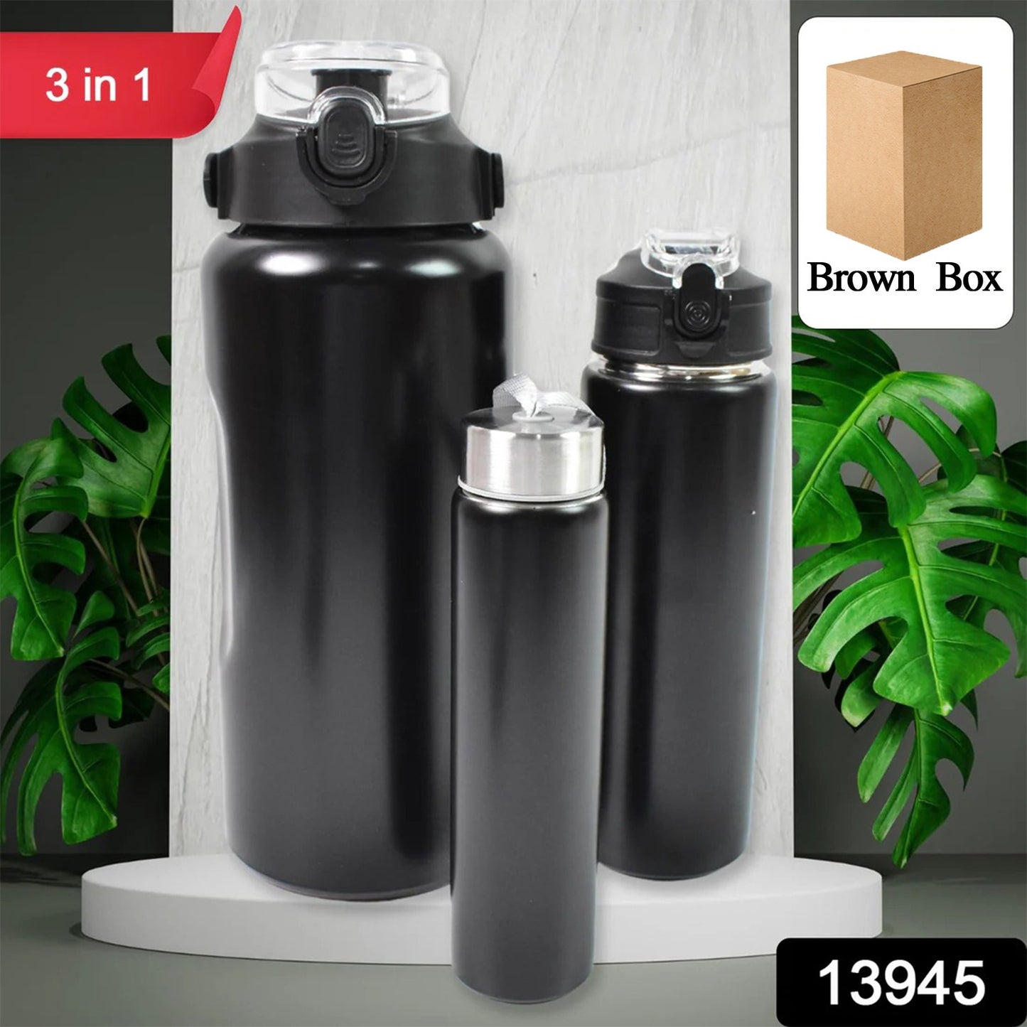 3 In 1 Stainless Steel Insulated Water Bottle Double Wall Vacuum (3 Pcs Set Different Size)