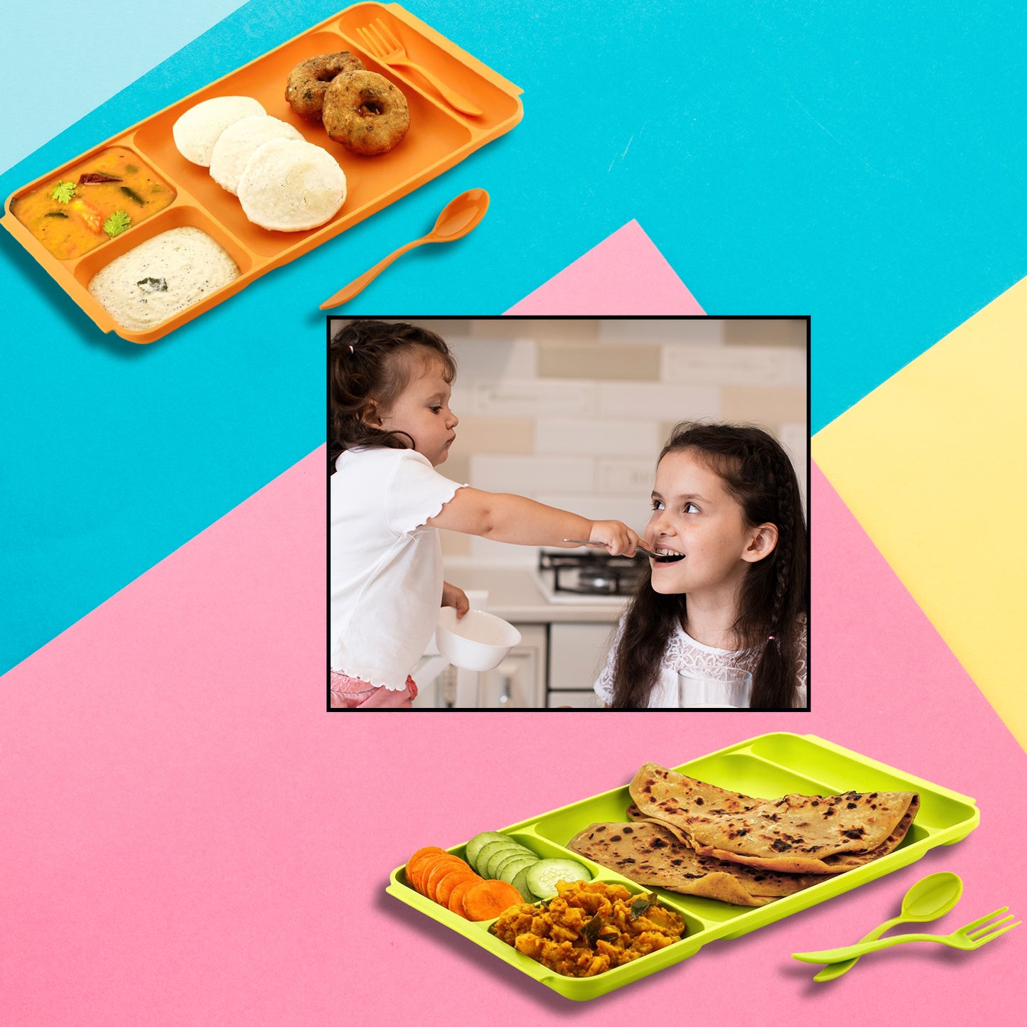 Four compartment Dish With Spoon And Fork(1 Dish Set With 1spoon And 1fork) Dinner Plate Plastic Compartment Plate Pav Bhaji Plate 4-compartments Divided Plastic Food Plate.
