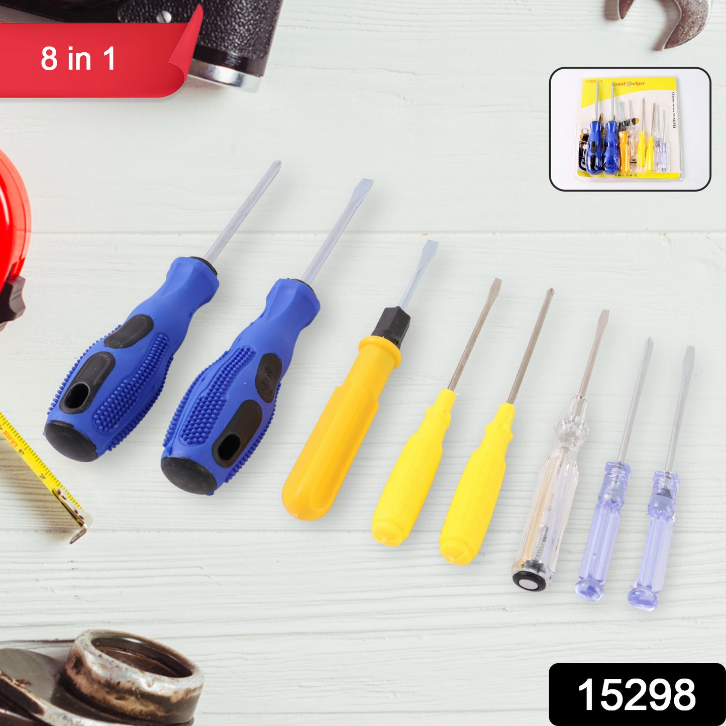 8 In 1 Hand Tool Kit Steel And Plastic Hammer Screwdriver Tape