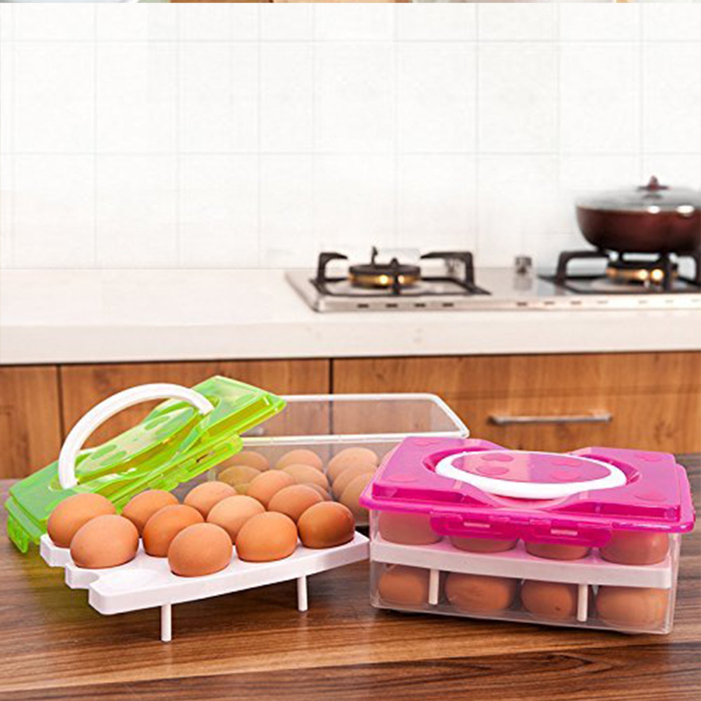 2 Layer 32 Grid Egg Tray With Lid Egg Carrier Holder For Refrigerator Camping Food Storage Container With Handle (1 Pc )