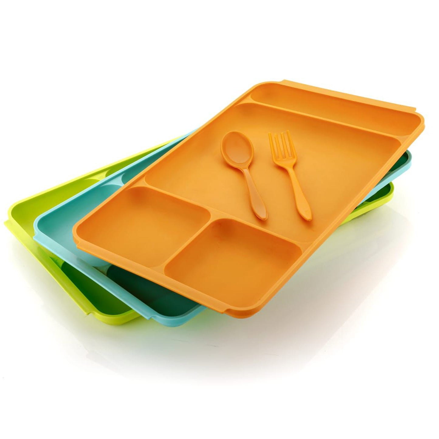 Four compartment Dish With Spoon And Fork(1 Dish Set With 1spoon And 1fork) Dinner Plate Plastic Compartment Plate Pav Bhaji Plate 4-compartments Divided Plastic Food Plate.