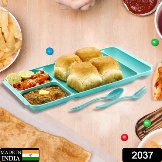 Four compartment Dish With Spoon And Fork(1 Dish Set With 1spoon And 1fork) Dinner Plate Plastic Compartment Plate Pav Bhaji Plate 4-compartments Divided Plastic Food Plate.