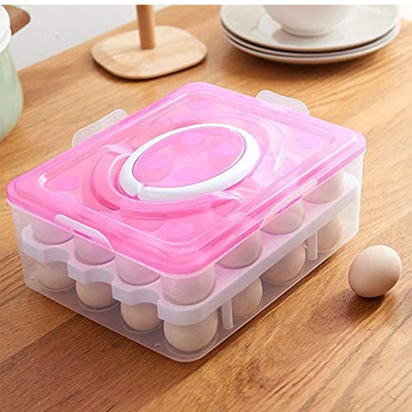 2 Layer 32 Grid Egg Tray With Lid Egg Carrier Holder For Refrigerator Camping Food Storage Container With Handle (1 Pc )